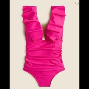 J.Crew Ruched Ruffle One-Piece Swimsuit Removable Pads Fuschia BP222 NWT Size 10